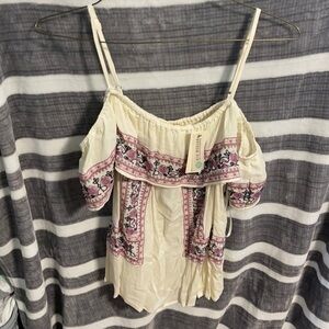 Off the Shoulder Cream Shirt with Pink Embroidered Details from Stitchfix